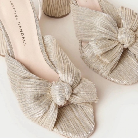LOEFFLER RANDALL Camellia Platinum Gold Pleated Knot Bow Sandals - Picture 2 of 10